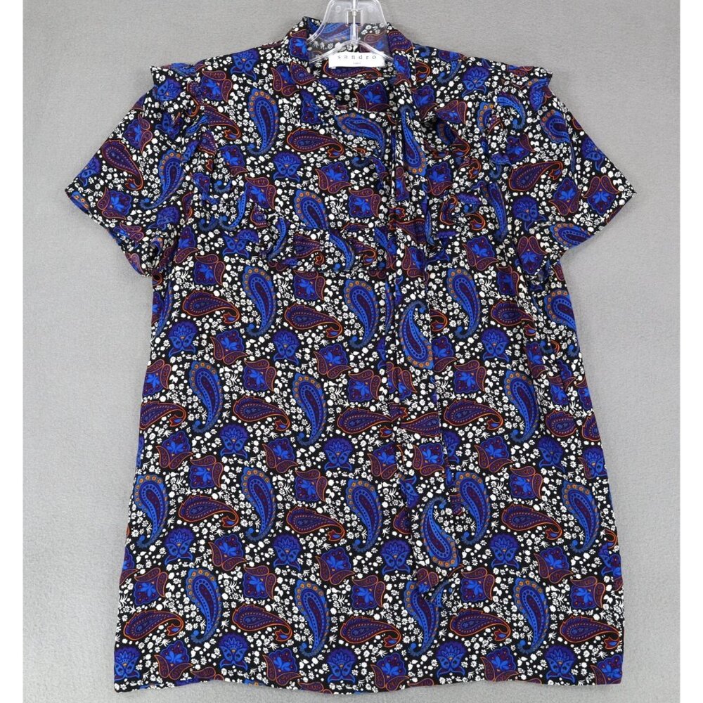 Sandro Paris Womens‎ Silk Floral Top Sz 1/S Short Ruffle Sleeves Tie Neck Boho